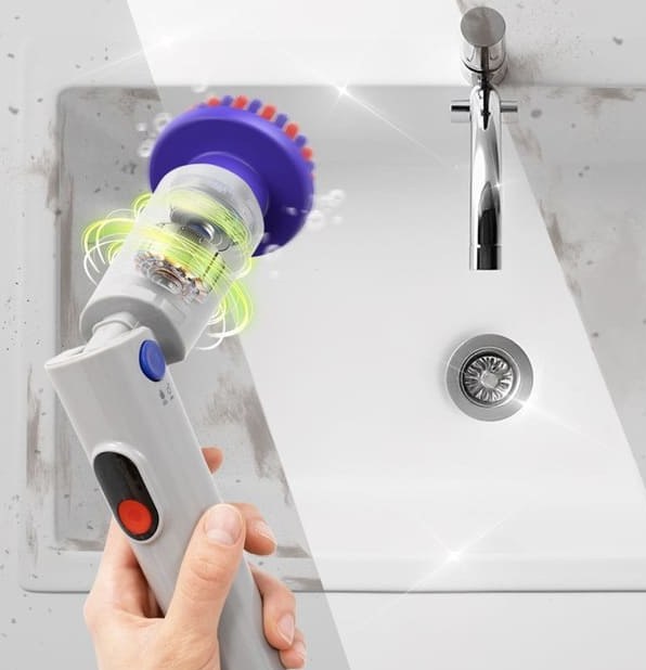 Illustration of a cordless handheld spin scrubber standing on a tiled floor near a window